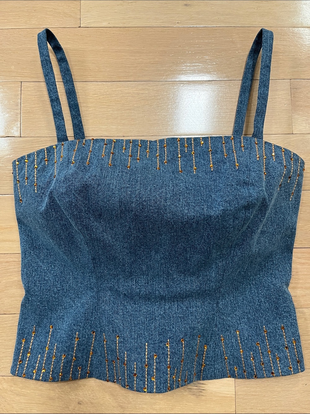 Vintage Rare St. John Sport by Marie Gray Blue Denim Amber Crystal Beaded Camiso